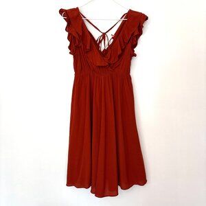 NAF NAF Dress Ruffle V Neck Rust Orange Boho